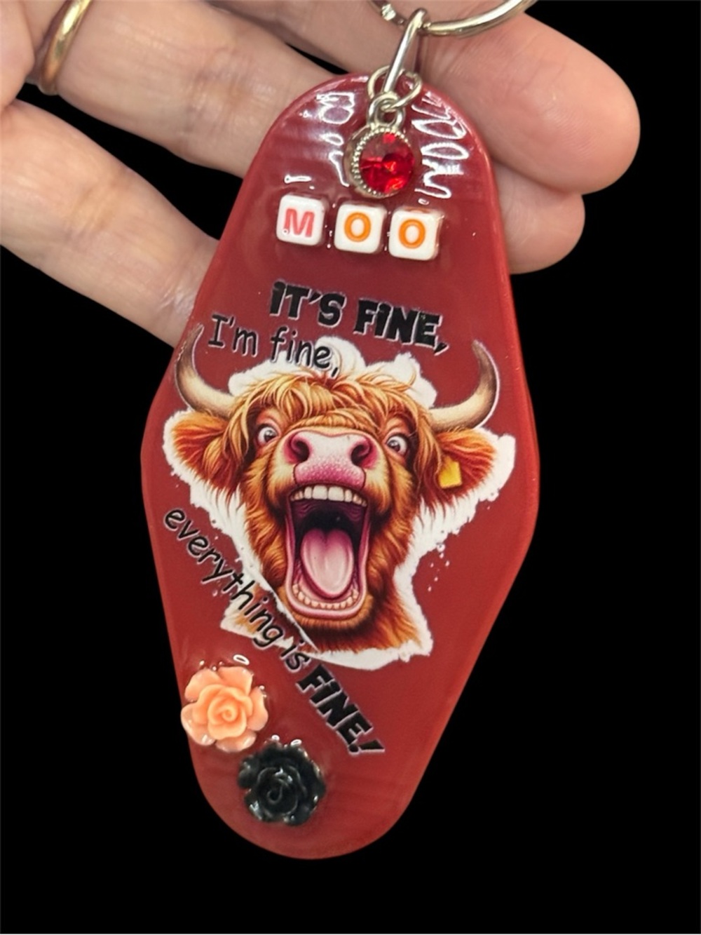 New Keychain, Handmade Resin, Red 'It's Fine' Cow Keychain, Flowers Retro 80’s
